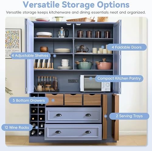Merax Farmhouse 71" Large Kitchen Pantry Cabinet with Power Outlet, 53.2" Wide Storage Cupboard with 4 Foldable Doors, Adjustable Shelves, Wine Racks & Serving Trays, for Dining Room, Blue-Gray