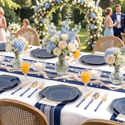 KIRE 140Pcs Blue Plastic Plates with Gold Rim - Navy Blue Plates for Party