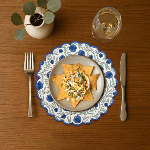 Ridhi Floral Block Print Round Placemats 15 Inch, Set of 4, Queen Blue