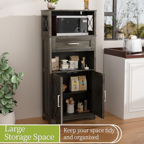 kepptory 55" Tall Kitchen Pantry, Farmhouse Storage Cabinet with Doors, Shelves and Drawer, Rustic Wood Cupboard for Kitchen, Dining Room