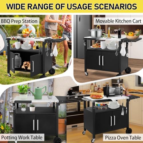 Outdoor Grill Cart with Storage, Foldable Side Shelf & Wheels, Black
