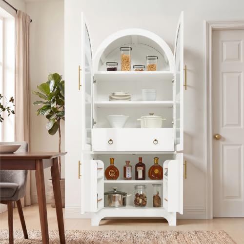 KEIKI 77" Arched Kitchen Pantry Cabinet with Glass Doors, White