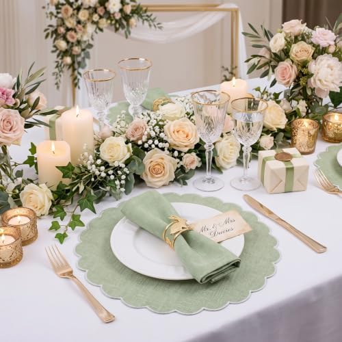 Set of 24 Sage Green Cotton Placemats 15" Round Scalloped White
