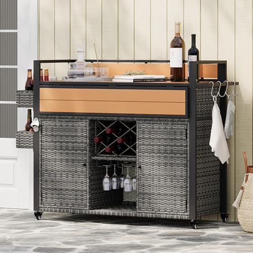 YOPTO 52.8" W Wicker Outdoor Grill Cart with Extended Poly-Wood Table Top - Drop Leaf Design,7 Shelves & Wine Rack,Rolling Kitchen Island on Lockable Wheels,for Patio,Backyard,Poolside & Garden,Grey