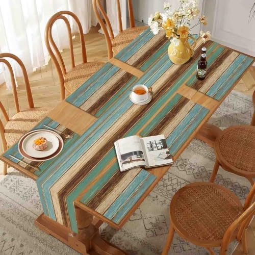 Mcalk Farmhouse Table Runner and Placemats Set of 6, Teal and Brown Wooden Texture Rectangle Cloth Place Mats Indoor, Washable Linen Material for Living Table