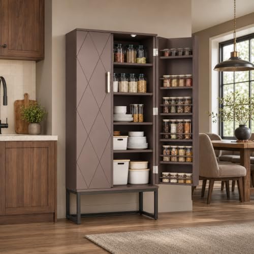 kepptory 51" Pantry Cabinet with Diamond-Patterned Doors and Golden Handles
