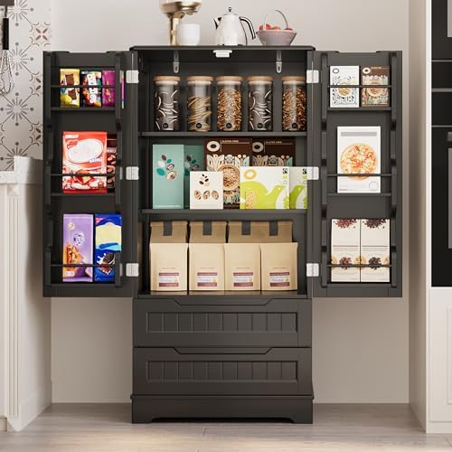 Gizoon 47'' Kitchen Pantry Cabinet with Drawers for Dining Room, Black