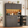Jocoevol Fluted Kitchen Pantry Storage Cabinet with Charging Station & LED Lights,71" Tall Kitchen Hutch with Microwave Stand, Adjustable Shelves,Storage Doors (Black, 41 * 71 * 15.7)