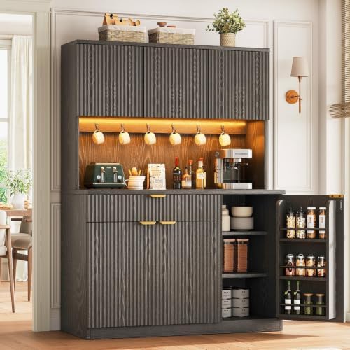 Jocoevol Fluted Kitchen Pantry Storage Cabinet with Charging Station & LED Lights,71" Tall Kitchen Hutch with Microwave Stand, Adjustable Shelves,Storage Doors (Black, 41 * 71 * 15.7)