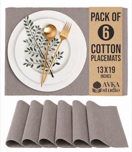 100% Cotton Ribbed Placemats - Set of 6-13 x 19 Inches - Taupe - Everyday Cloth Table Mats - Thick Construction, Washable & Reusable Cloth Place Mats - by AVKA Studio