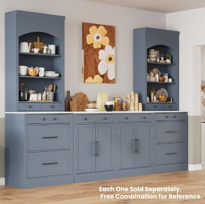 Merax Modern 83.7inch Freestanding Kitchen Hutch with Faux Marble Top, Kitchen Pantry with 5 Storage Drawers and Adjustable Shelf, Set of 2, Gray