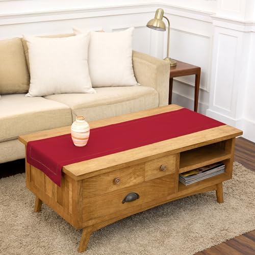 Solino Home Cotton Linen Table Runner Red, Hemstitch Collection 14 x 48 in