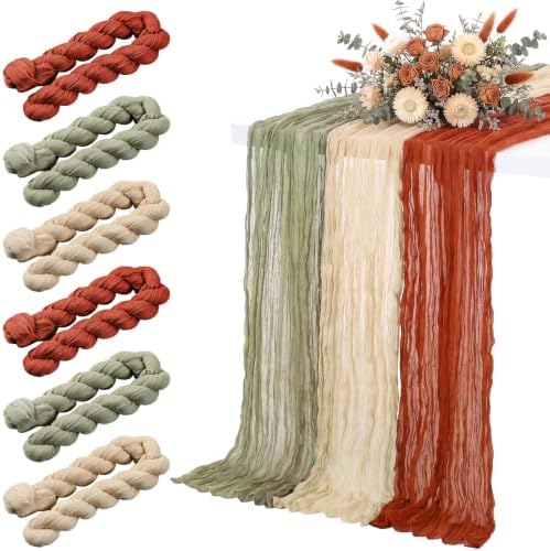 6 Pcs Terracotta and Sage Green Cheesecloth Table Runner 118"