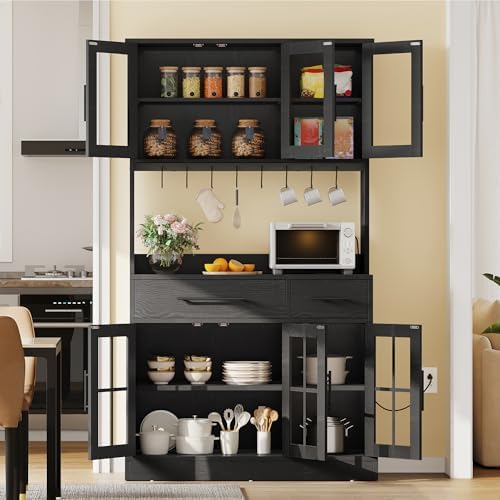 YITAHOME 71" Tall Kitchen Pantry Cabinet with Microwave Stand, Black Oak