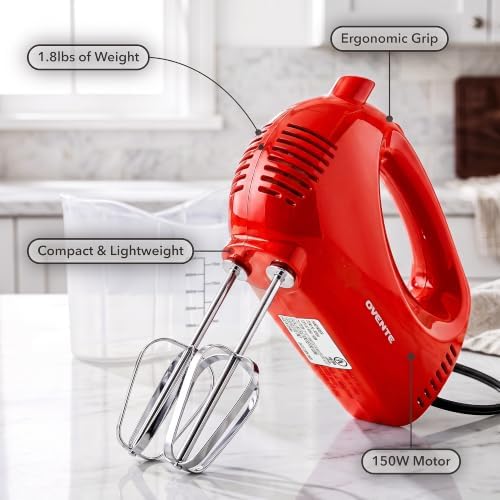 OVENTE 5-Speed Electric Hand Mixer with Storage Case, Red HM151R