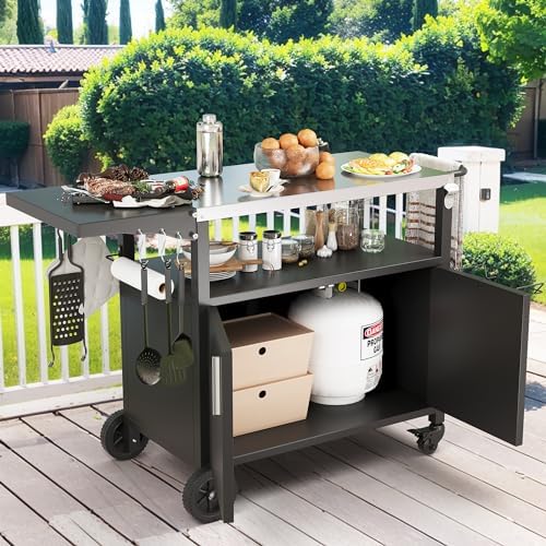 JY QAQA Outdoor Grill Cart with Storage,Patio Kitchen Island Outdoor Grill Table with Wheels,BBQ Cart Movable Pizza Oven Table Stand, Storage Cabinet, Foldable Tabletop, (Black)
