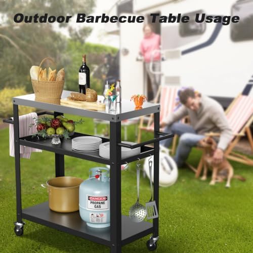 Outdoor Grill Cart Table, Indoor and Outdoor Pizza Oven Table with Three-Shelf(Black)