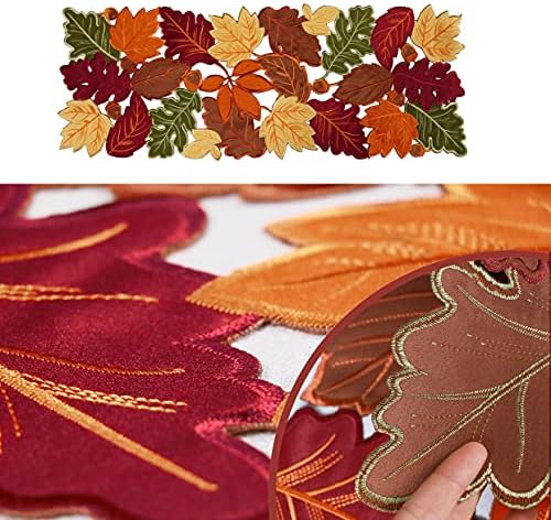 OWENIE Thanksgiving Runner, Fall Leaf Table Runner for Autumn Home Decorations, Fall Table Centerpieces, Embroidered Cutwork Farmhouse HarvestMaple Leaf Runner, 13 Inch x 36 Inch