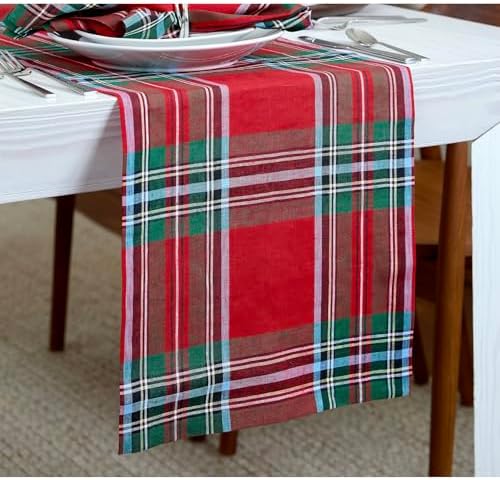 Solino Home 100% Linen Table Runner Red, Madras Holiday Plaid 14 x 120 in