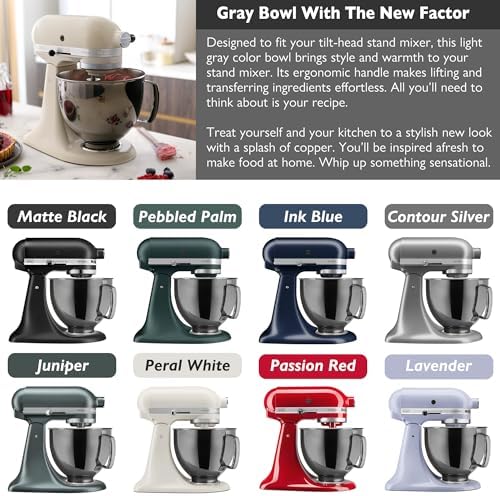 5 Quart Metallic Finish Stainless Steel Mixer Bowl for KitchenAid Classic&Artisan Series 4.5-5 QT Tilt-Head Mixer, Gray Color, Silicone Scraper, Dishwasher Safe, Fit K45SS KSM75 KSM90 KSM150