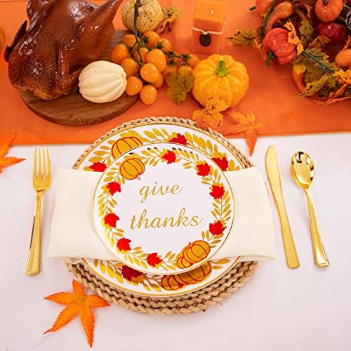 U-QE 125PCS Thanksgiving Plastic Plates with Gold Plastic Silverware