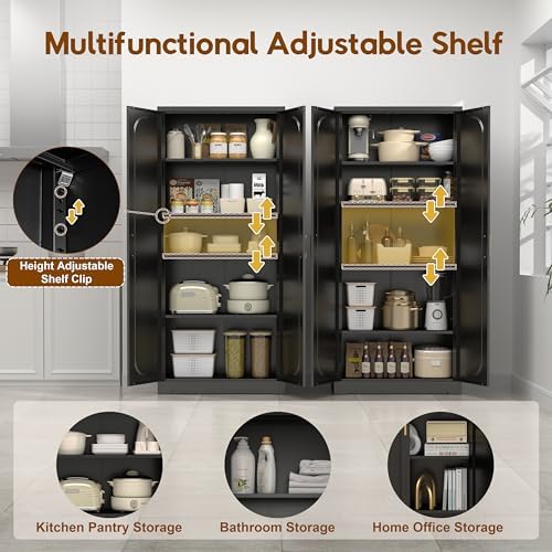 UNICOLY 71" Kitchen Pantry Cabinet, Kitchen Pantry Storage Cabinet with Doors and 4 Shelves, Metal Storage Cabinets for Laundry Room, Living Room, Dinning Room, Assembly Required, Black