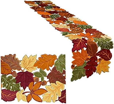 OWENIE Thanksgiving Table Runner, Fall Farmhouse Table Runner for Thanksgiving Holiday, Harvest Kitchen Decor 90 Inch Long with Embroidered Cutwork Maple Leaves, 13x 90 Inches