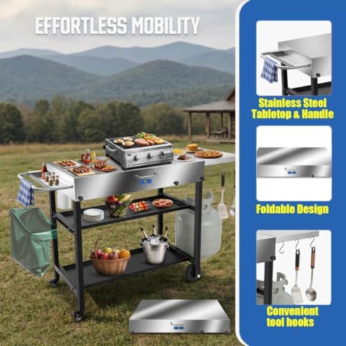 ARC Advanced Royal Champion 43" W x 17" D Grill Cart Table,Foldable Blackstone Griddle Stand,440lbs Stainless Steel Grill Table Pizza Oven Stand with Wheels for Ninja Woodfire Grill