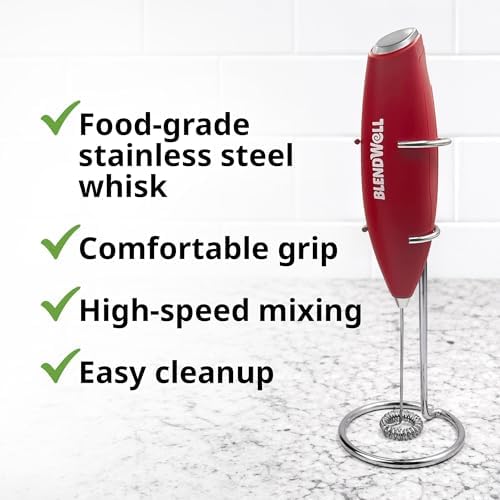 BlendWell Electric Milk Frother for Matcha and Coffee, Handheld Battery Operated Drink Mixer with Stand, Stainless Steel Whisk, Red