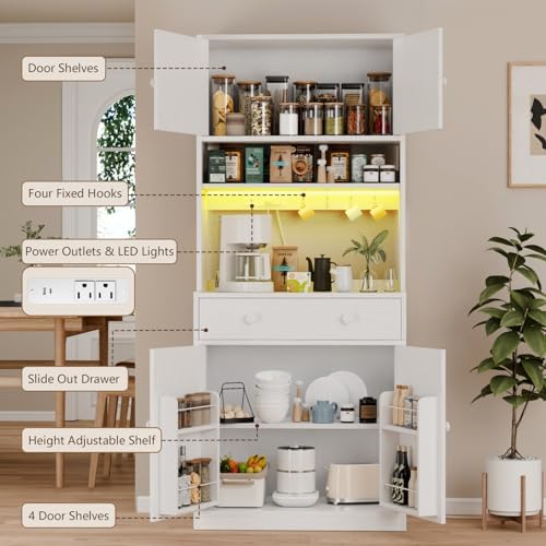 71" Tall Kitchen Pantry Cabinet with Microwave Countertop, LED Lights White