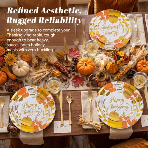 KIRE 150PCS Thanksgiving Plates Dinnerware Pumpkins - Plastic Thanksgiving Plates Include 25 for Dinner 25 for Salad 25Forks 25Knives 25Spoons 25Gold Cups for Fall/Friendgiving Party