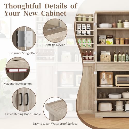 Shintenchi Kitchen Pantry Cabinet, Farmhouse Tall Cupboard, Ash Gray