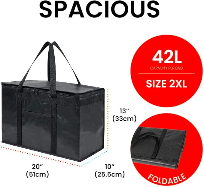 NZ home Insulated Bags for Food Delivery (2XL PRO) Grocery Shopping Cooler Bag, Pizza Delivery, Hot & Cold Catering Tote, Reusable, Foldable & Heavy Duty (Black)