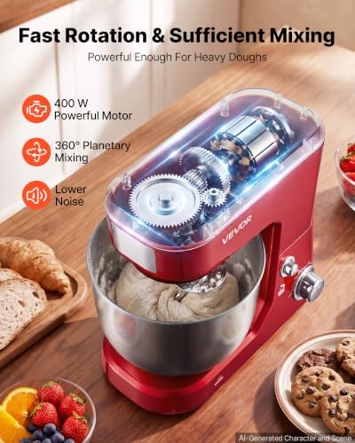 VEVOR 5.3+4.2 Qt Tilt Head Stand Mixer 400W Electric Dough Mixer, 3 Speeds Food Kitchen Mixer with Stainless Steel Bowl, Splash Guard, Dough Hook, Whisk, Beater, for Baking Mixing Whipping