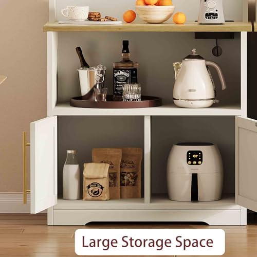 IDEALHOUSE Bakers Rack with Storage Cabinet, Microwave Stand with Power Outlets, Farmhouse Kitchen Pantry with Thick Table Top, Small Kitchen Bakers Rack for Kitchen,Dining Room,White & Peer Wood