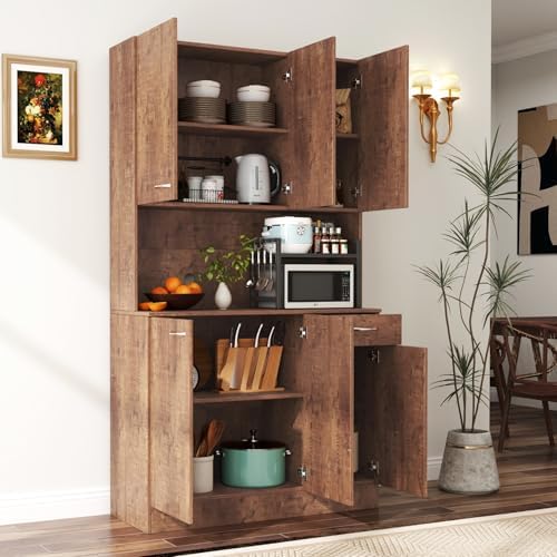 KEIKI 70.87" Tall Kitchen Pantry Storage Cabinet with Countertop, 6-Doors, 1 Drawers, Microwave Stand and Shelves, Freestanding Wood Hutch Food Pantries Cupboard for Coffee Bar, Dining Room