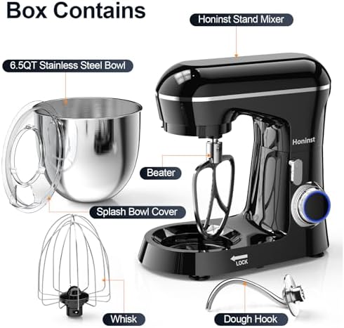 Honinst Stand Mixer, 6.5QT 10-Speed Tilt-Head 3-IN-1 Electric Food Mixer