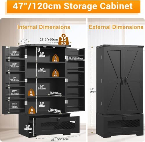 kepptory Farmhouse Pantry Cabinet with Barn Door & Adjustable Shelves, Freestanding Kitchen Storage Cabinet for Dining Room, Bathroom, Hallway (Black)
