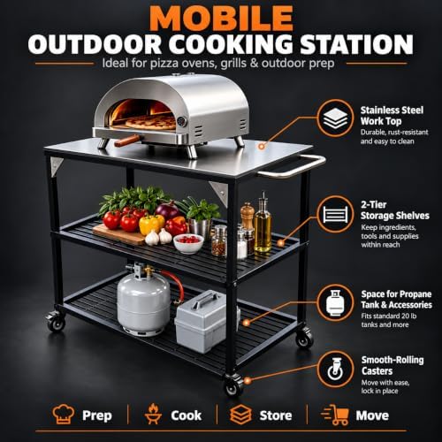 Outdoor Pizza Oven Table, Grill Cart with Wheels, Metal BBQ Prep Table and Outdoor Cooking Station, Compatible with Ooni Pizza Ovens and Blackstone Griddles