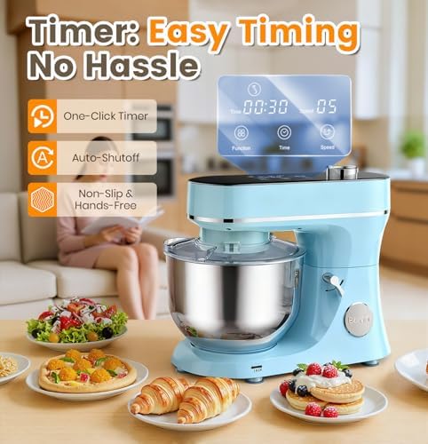 Stand Mixer 6QT Kitchen Mixer with LED Smart Touchscreen, 11-Speed Tilt-Head Mixer with Timer, 4 Preset Menus, Stainless Steel Bowl, Dough Hook, Whisk, Beater (Blue, 6Qt)