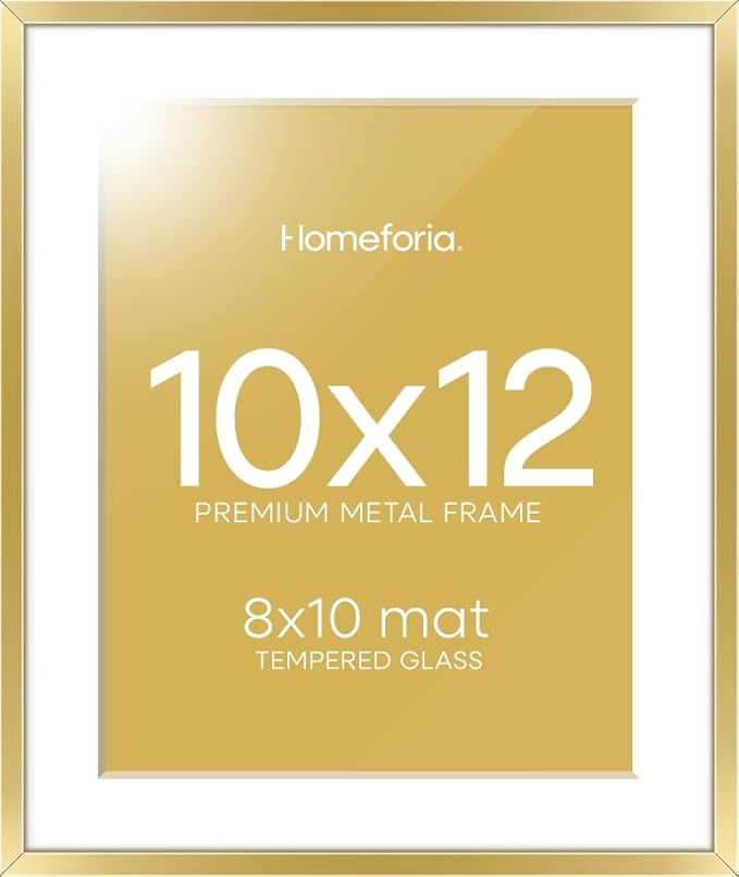 Homeforia 10x12 Picture Frame Gold, High End Metal 10x12 Poster Frames with Mat for 8x10, 10 x 12 Gold Frame Matted to 8 x 10 inch Photo, 10by12 Thin Hanging Frames, Tempered Glass, Wall Kit, Set of 1