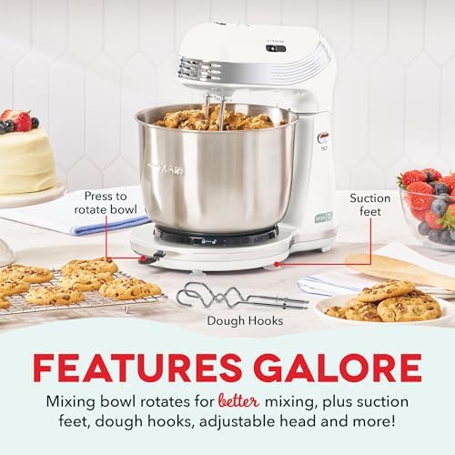 Dash Everyday Stand Mixer - Compact Tilt-Head Stand Mixer for Everyday Recipes - 6-Speed Power with Stainless Steel Bowl - White, 3-Quart