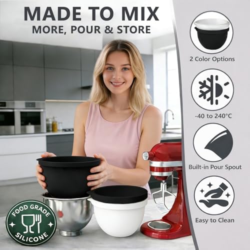 Silicone Bowl Liners with Lids for KitchenAid 5 Qt Tilt Mixing Bowl Inserts, Kitchen Mixer Accessories for Baking & Cooking, Dishwasher Safe, Heat & Cold Resistant (Black & White)