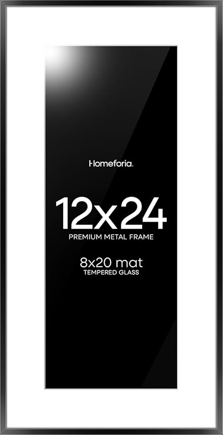 Homeforia 12x24 Picture Frame Black, High End Metal 12x24 Poster Frames with Mat 8x20 for Photo, 12 x 24 Black Frame Matted to 8 by 20 Print, 24x12 Panoramic Frames, Tempered Glass, Wall Kit, Set of 1