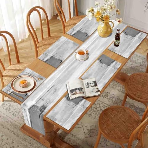Mcalk Dark Grey Table Runner and Placemats Set of 6 Pieces, Grey Placemat, Cloth Place Mats Indoor for Kitchen, Washable Abstract Placemats Linen Material for Dining Table