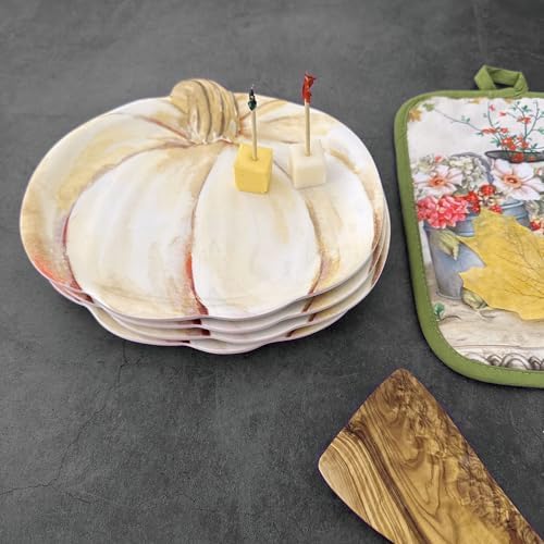 UP Ivory Pumpkin-Shaped Melamine Plates - Fall Harvest Theme, BPA-Free, Dishwasher Safe, for Appetizers, Dessert, Snacks, and Thanksgiving, Cream White, 7.875 x 7 Inch, Set of 4