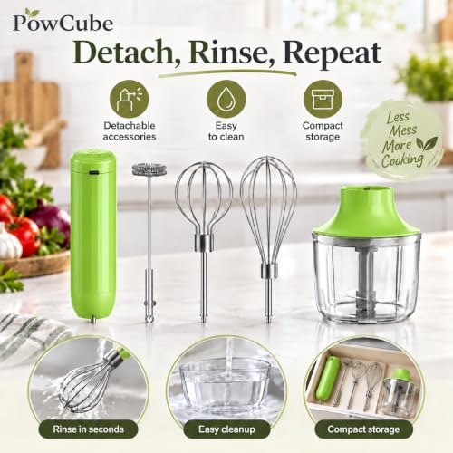 Cordless Hand Mixer, 4-in-1 Handheld Electric Mixer with Electric Whisk Frother & 10 oz Mini Food Chopper, USB-C Rechargeable 4-Speed Hand Mixer for Eggs, Cream, Coffee & Small-Batch Prep