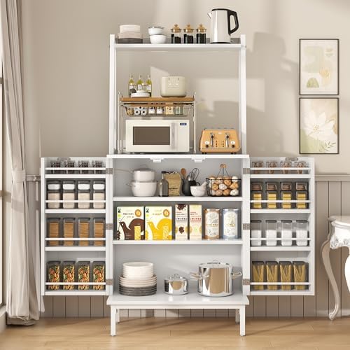 kepptory 51" Kitchen Baker's Rack with Storage, Microwave & Toaster Oven Stand, Freestanding Coffee Bar Station with Wine Glass Holder & Side Storage Shelves, White
