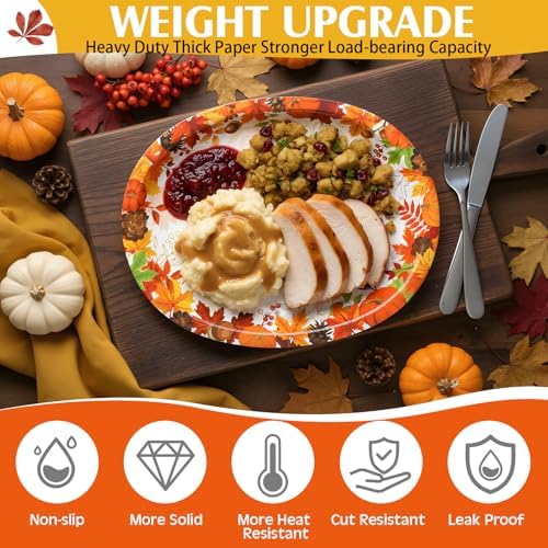 Pajean 175 Pcs Thanksgiving Oval Paper Plates Set with 12 inch Disposable Pumpkin Oval Plates Fall Harvest Paper Maple Leaf Dinnerware Set Heavy Duty for 25 Guests Thanksgiving Fall Party Supplies