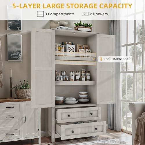 DWVO 64.5" Pantry Cabinet with Barn Doors, 2 Drawers & Shelves, Off White